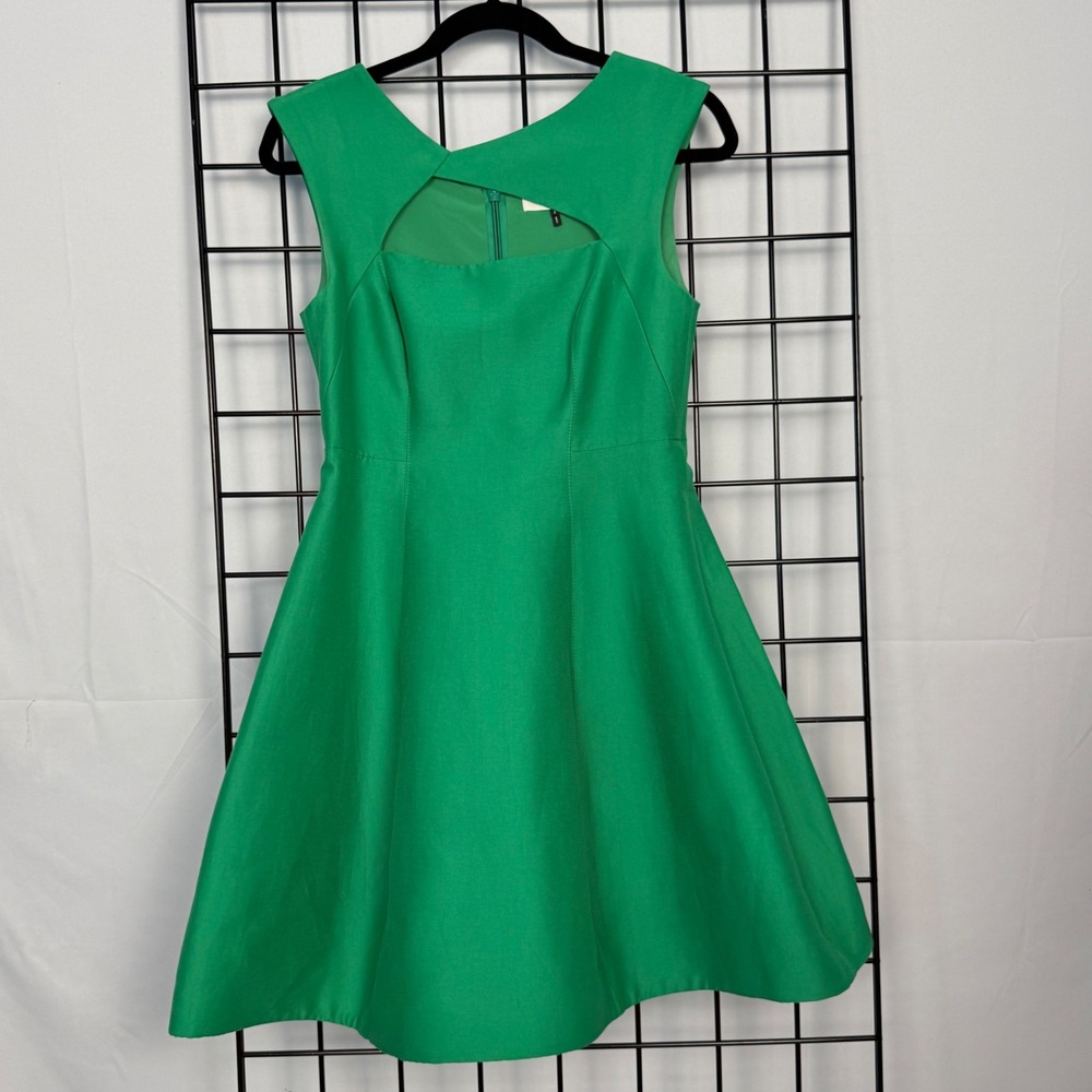 Halston Heritage Fit Flare Dress Womens 2 Green Asymmetric Cutout Mini Party